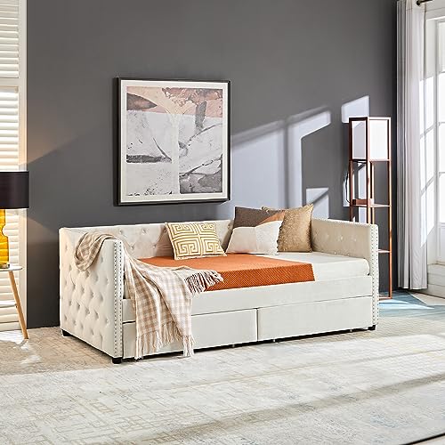 Velvet Twin Daybed with Storage, Upholstered Day Bed Twin Size with Drawers and Headboard, Solid Wood Bed Frame for Living Room and Bedroom