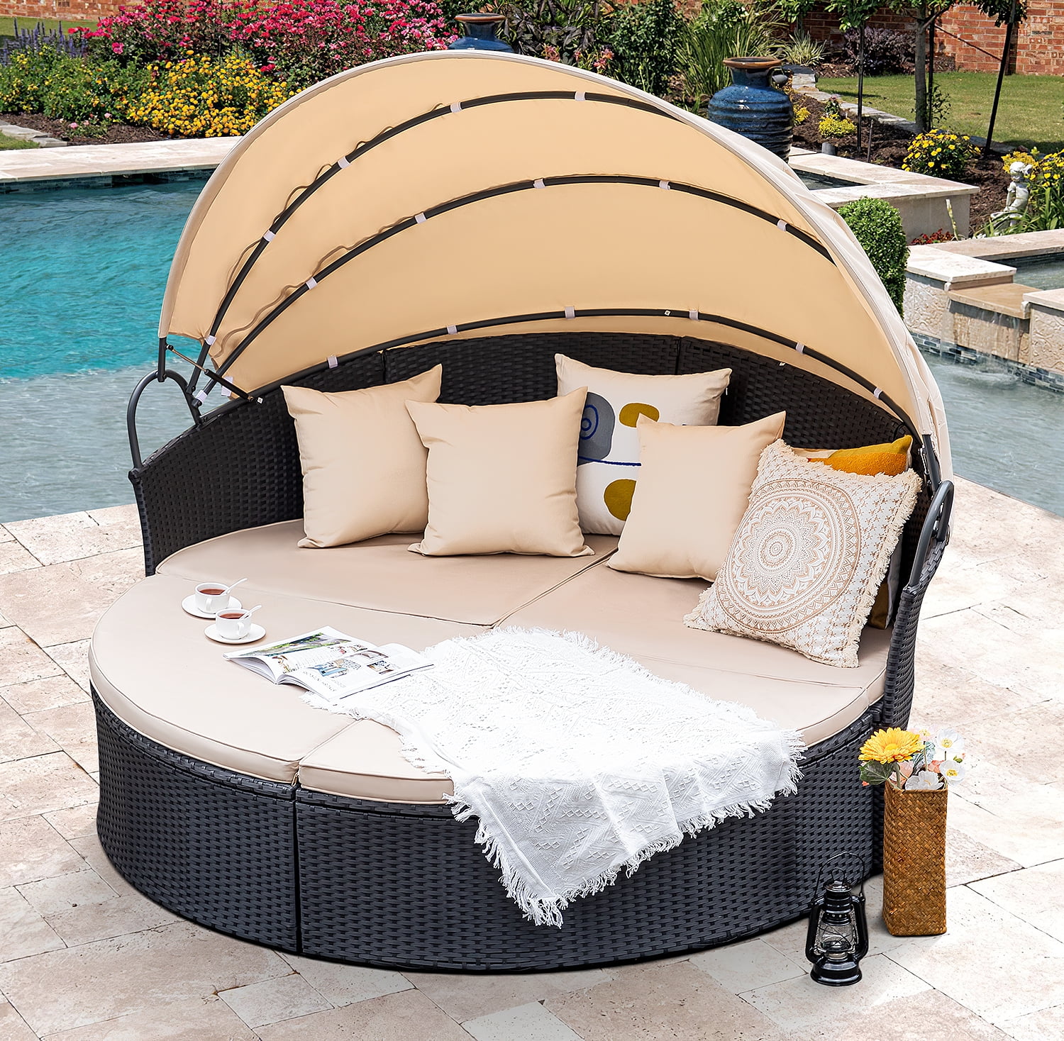 Homall Outdoor Daybed with Retractable Canopy Sectional Rattan Round Bed for Patio, Black & Beige - Curated Treasures Market