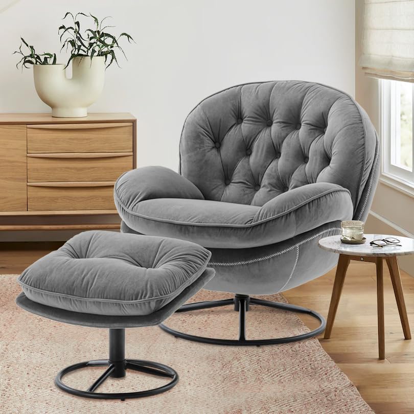 Velvet Swivel Accent Chair with Ottoman Set,Modern Lounge Chair with Footrest, Comfortable 360 Degree Swivel Armchair, Reading Chair for Living Room