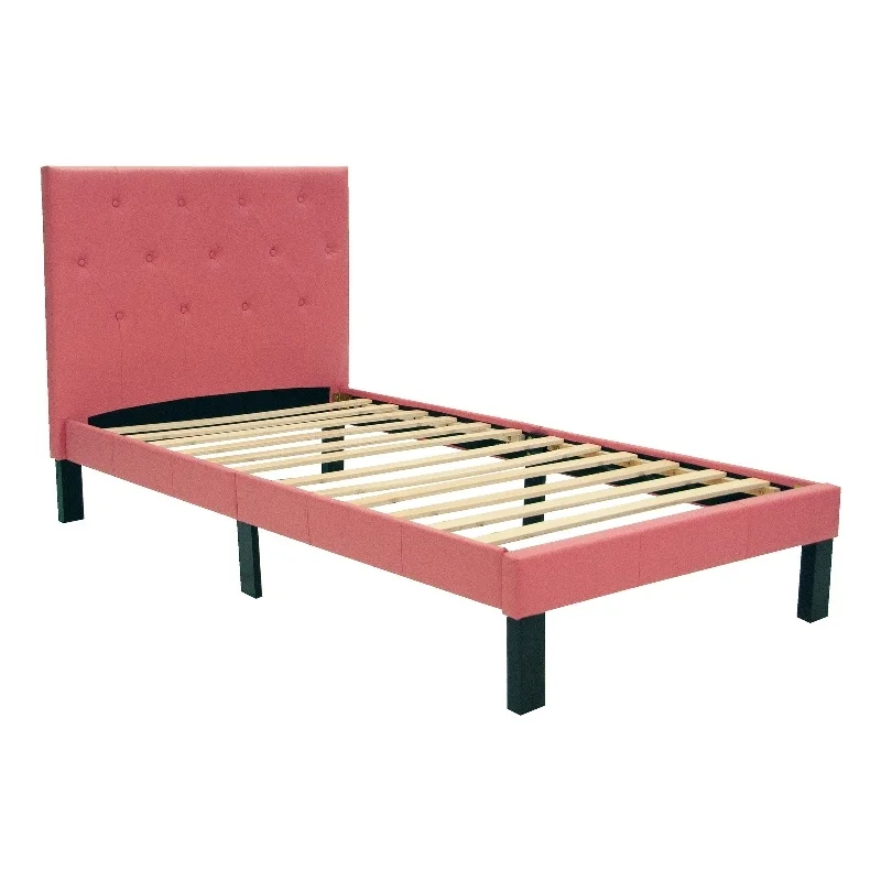 Pemberly Row Twin Upholstered Bed Frame with Slats in Pink Faux Leather