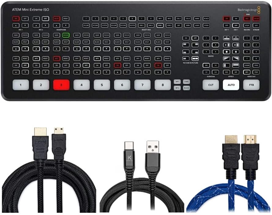 Blackmagic Design ATEM Mini Extreme ISO with (2) Knox Gear 6' 4K HDMI Cables, (2) Knox Gear 15' 4K Mini-HDMI Cables