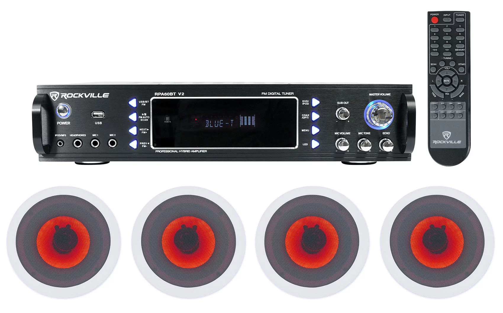 Rockville 1000w Home Theater Bluetooth Receiver+(4) In-Ceiling 6.5" LED Speakers