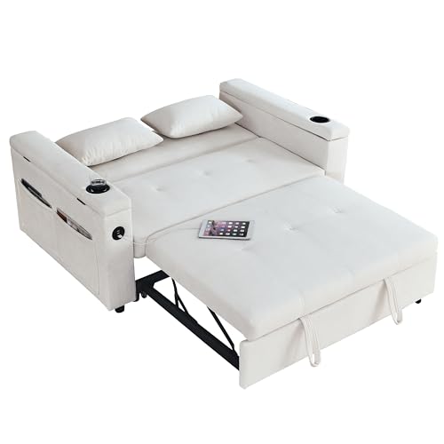 3 in 1 Convertible Sofa Bed 54" Pull Out Couch Bed Chenille 2-Seater Sleeper Sofa Bed with USB Power Outlet,Pillow and Side Pockets