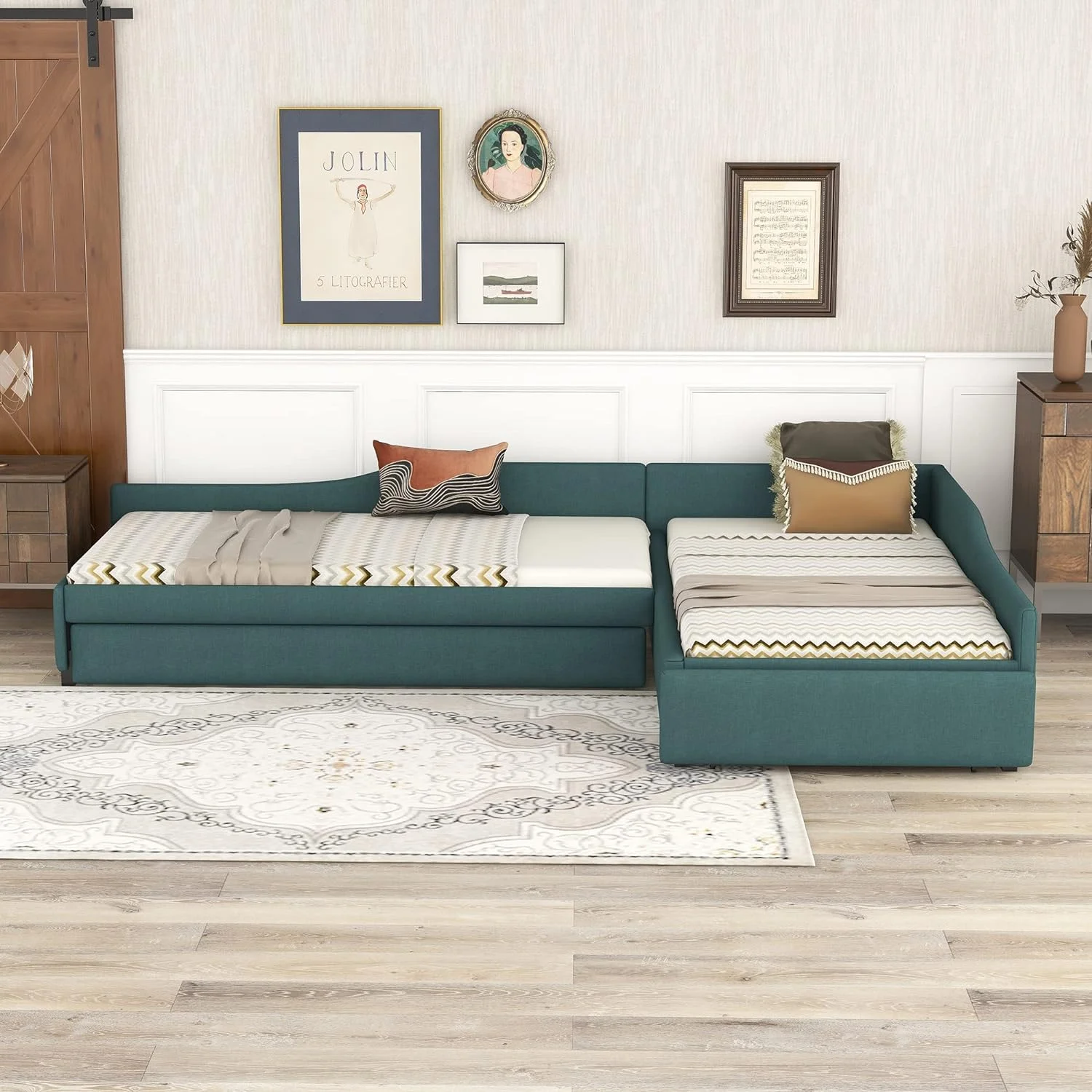 Upholstered Double Size Daybed With Trundle And Drawer, Living Room Sofa Bed, No Box Spring Need (Green)