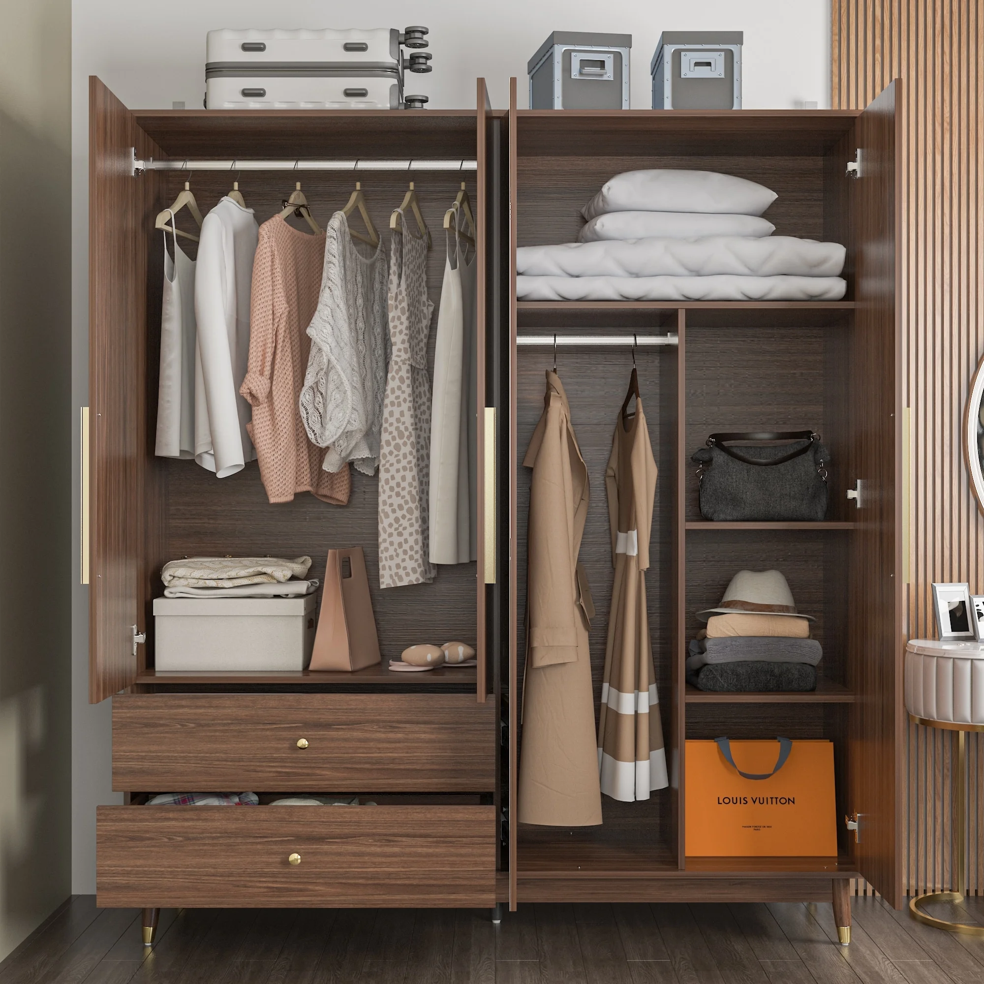 Wardrobe Armoire Closet with Mirror Wardrobe Cabinet with 2 Drawers Wood