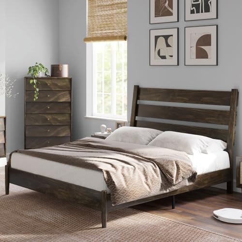 VanAcc Solid Wood King Bed Frame, Platform Bed with Reclining Slatted Headboard, Mid Century Bed Frame with Wood Slat Support, Dark Brown