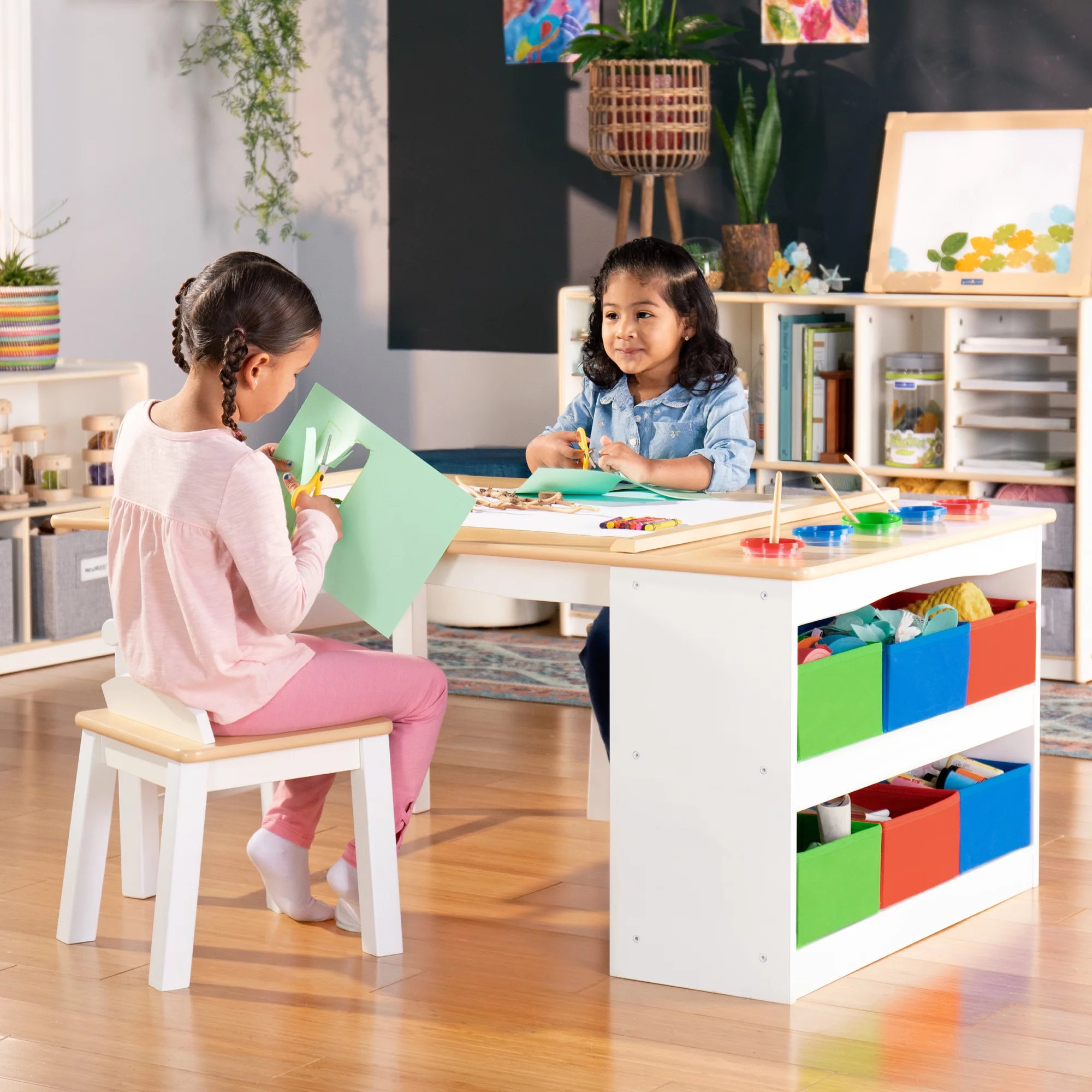 Guidecraft Arts and Crafts Center: Kids Activity Table and Drawing Desk with Stools, Storage Canvas Bins, Paper Roller