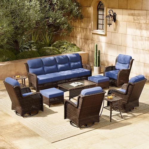 Luxury Patio Furniture Set with 6-inch Thick Cushion, Outdoor Couch and High Back Swivel Rocker Patio Chairs, 7PCS Wicker Conversation Set for Deck