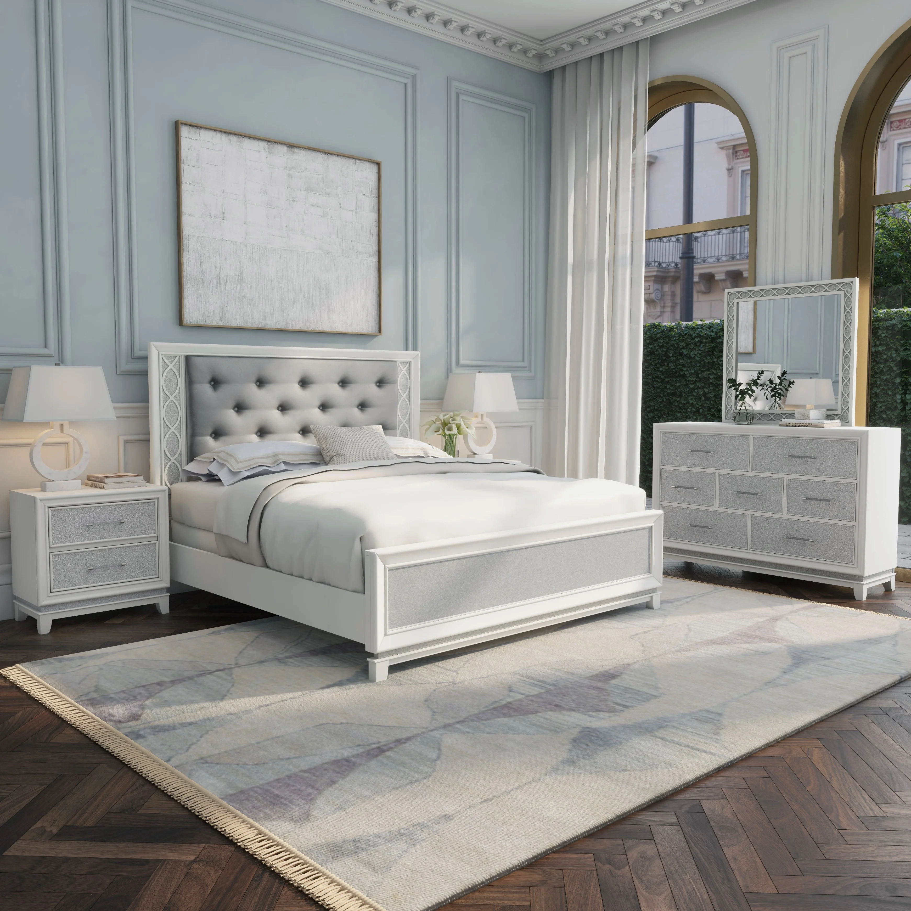 Roundhill Furniture Galaxy 4-Piece Bedroom Set with LED Lights, Tufted Bed, Dresser, Mirror, and Nightstand in Pearlized White, Queen
