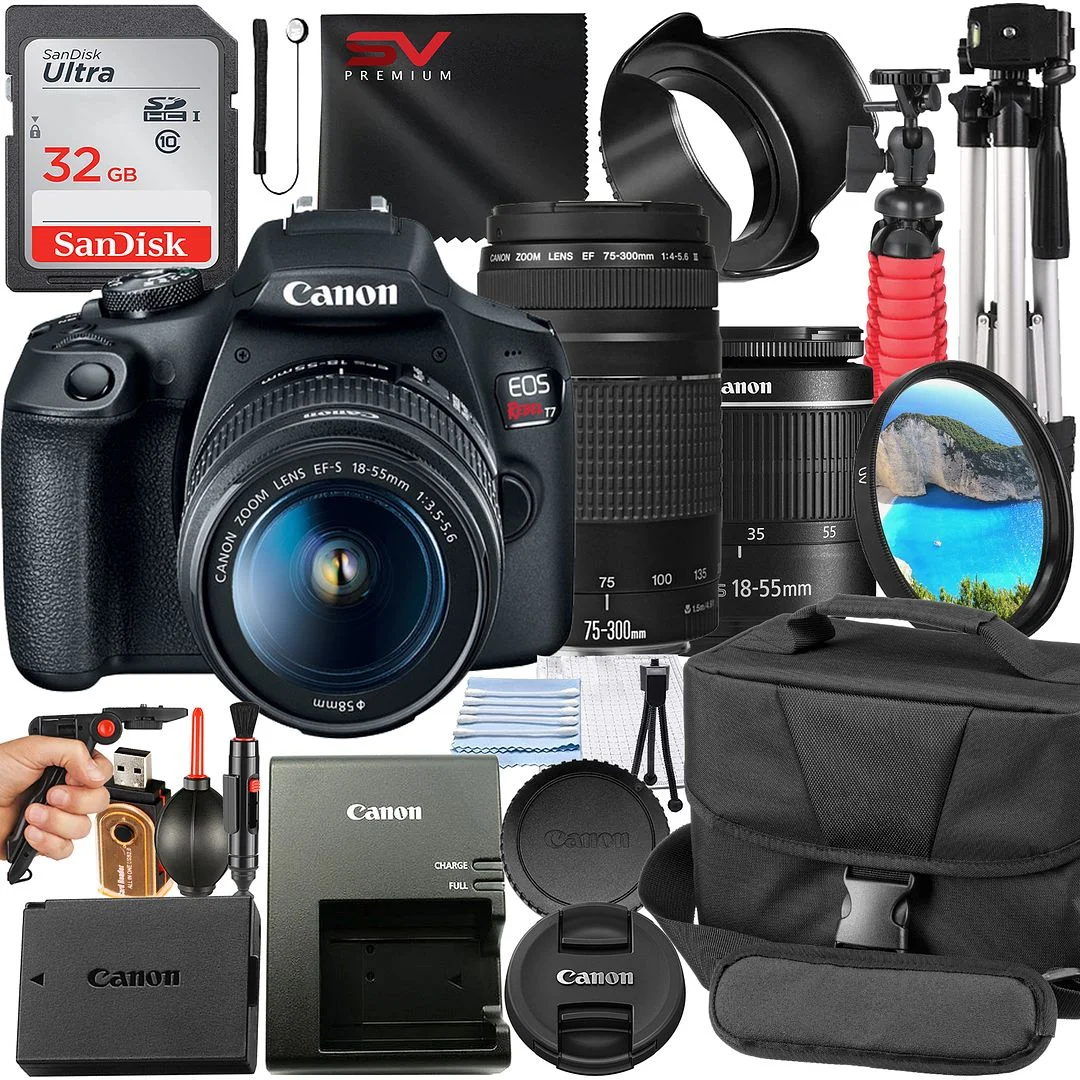 Canon EOS Rebel T7 DSLR Camera Bundle with 18-55mm + 75-300mm Zoom Lens + 32GB SanDisk Card + Case + Tripod + SV Premium Accessory