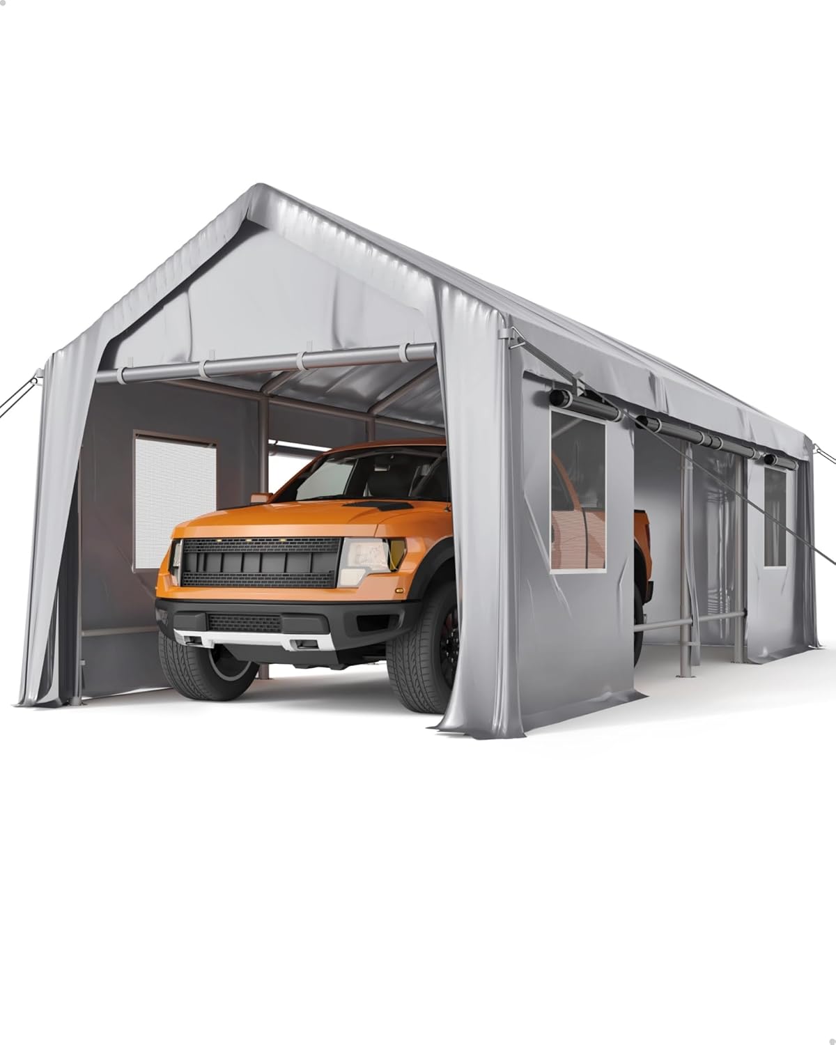 13'x25' Carport Windproof, Anti-High Wind Portable Garage, Reinforced Frames & 180 g PE Carport Canopy, with Front & Rear Doors, Shelter for Pickup