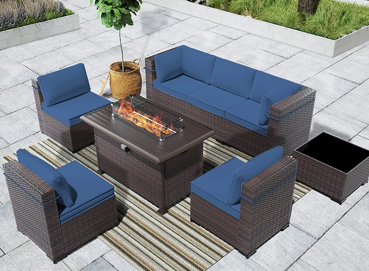 Gotland 8 Pieces Outdoor Patio Furniture with 43"Fire Pit Table, Furniture Patio Sectional Sofa Set,navy blue