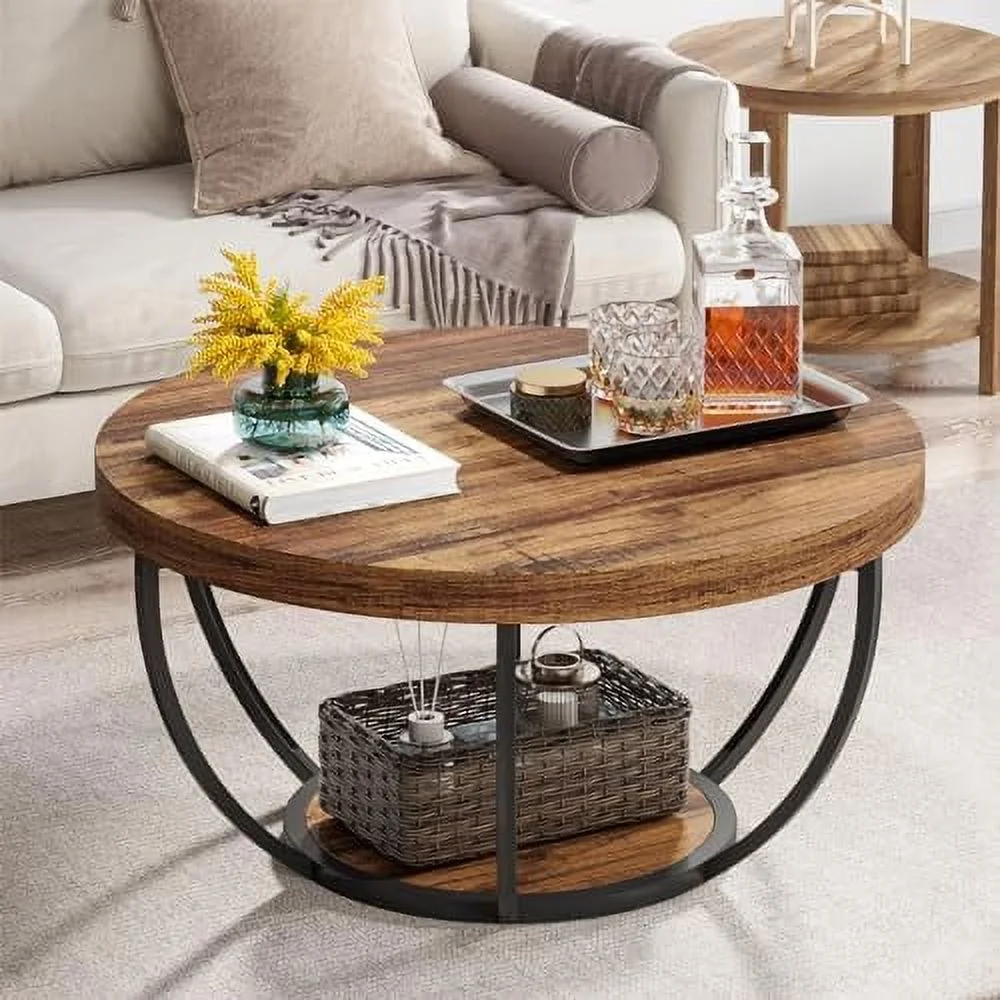 Round Coffee Table  Industrial 2-Tier Circle Coffee Table with  Shelves  JOMA 31.7"