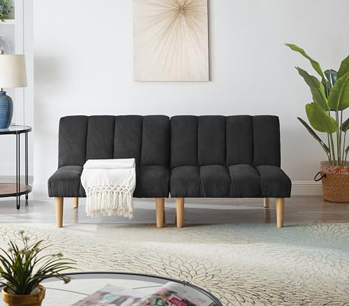Convertible Futon Folding Sofa Bed, Modern Futon Sofa Bed with Corduroy Fabric & Wooden Legs