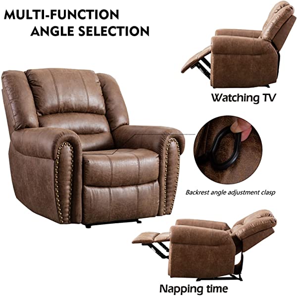CANMOV Leather Recliner Chair, Classic and Traditional Manual Recliner Chair with Comfortable Arms and Back Single Sofa for Living Room, Nut Brown