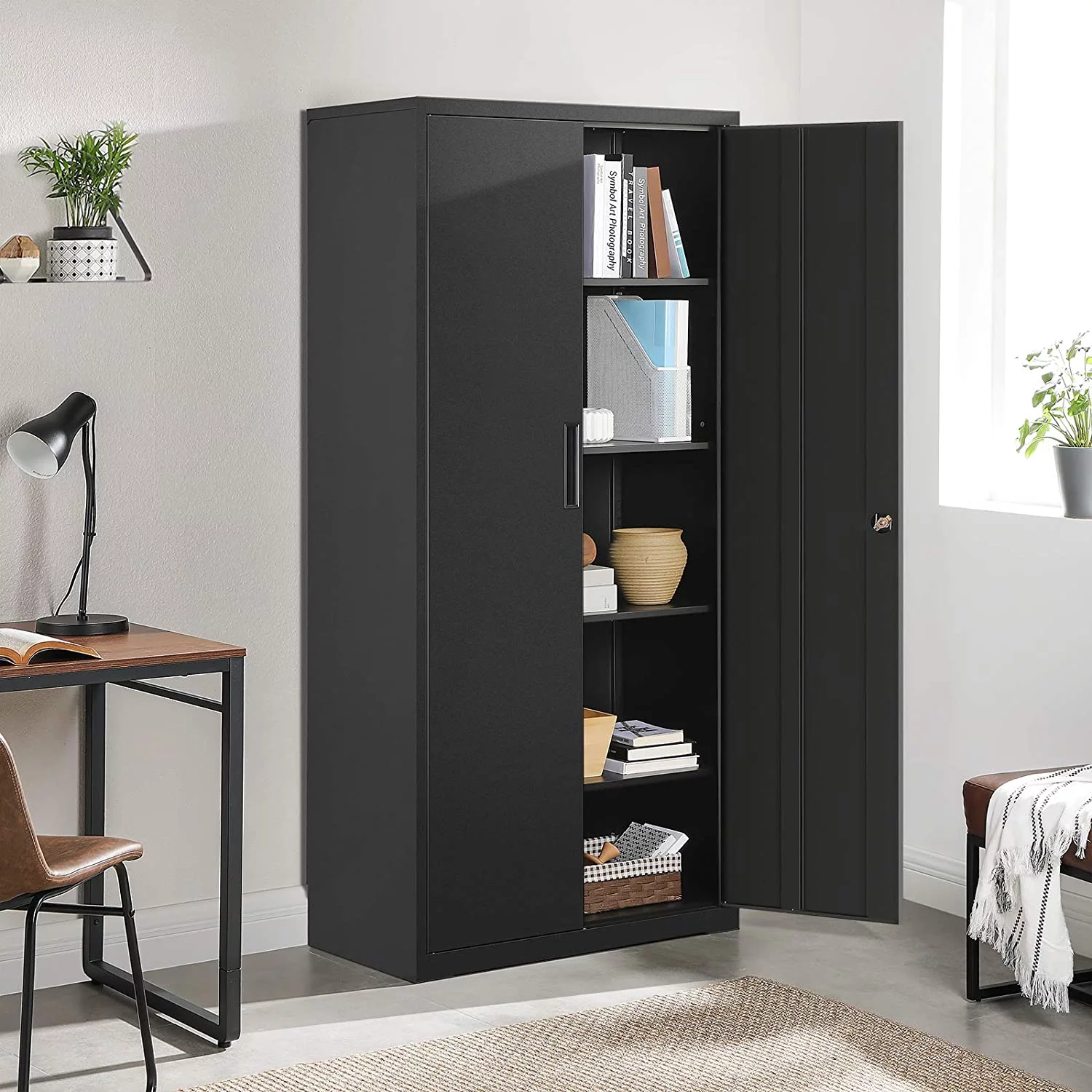 SONGMICS Garage Cabinet Metal Storage Cabinet with Doors and Shelves Office Cabinet for Home Office Garage Black - Radiant Selections