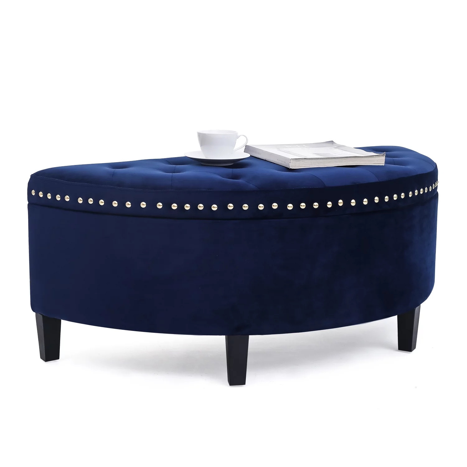 Homebeez 43.5" Half Moon Storage Ottoman, Button Tufted Bedroom Bench for Entryway Living Room, Dark Blue