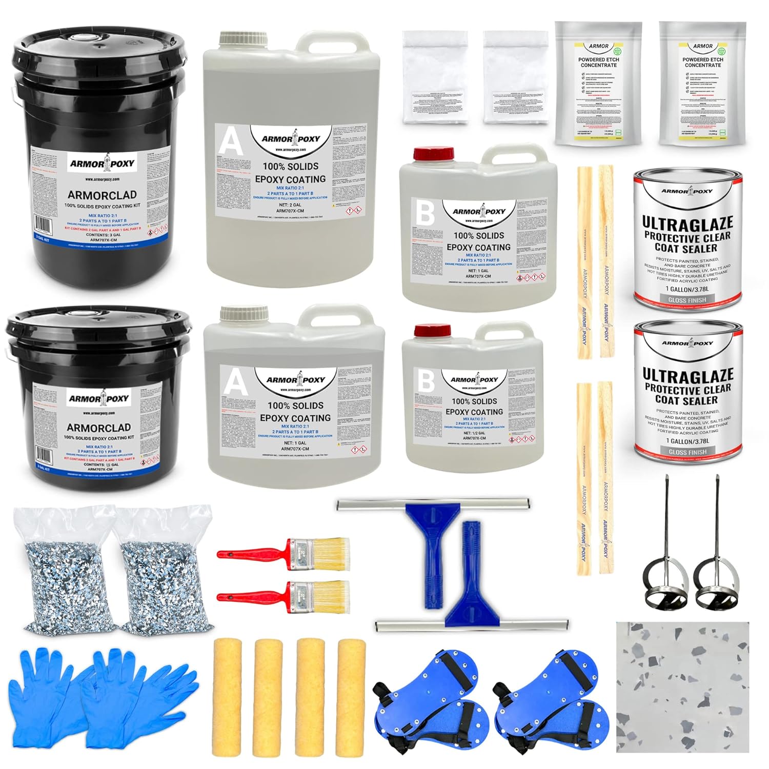 Garage Floor Epoxy Kit - 28-Pc 2 Part - 900 Sq. Ft - LT Gray, Industrial Grade Epoxy Coating Kit - Basements, Workshops, Contractors, Automotive