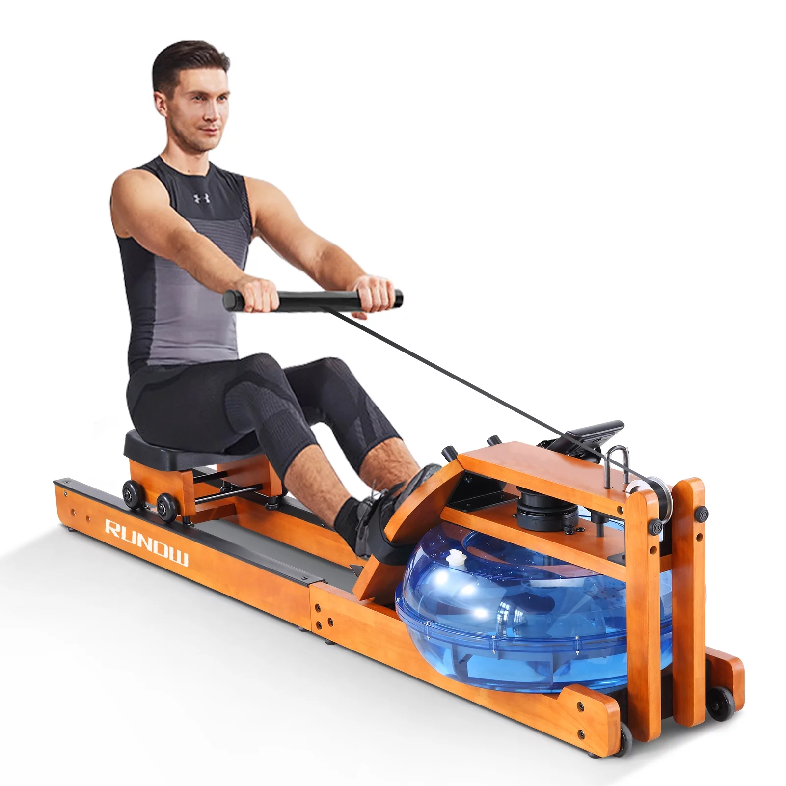 RUNOW Water Rowing Machine with LCD Monitor Wooden Water Rower 350 LB Wood Rowing Machine for Home Use