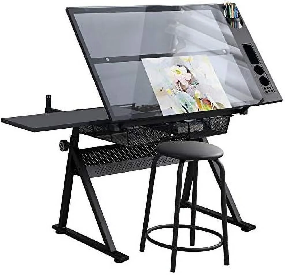 KBANZIBIU Height Adjustable Drafting Tables  Glass Drawing Art Table  Tilting Tabletop Paintings Work Station  Table Chair Chair-2  Drawer for