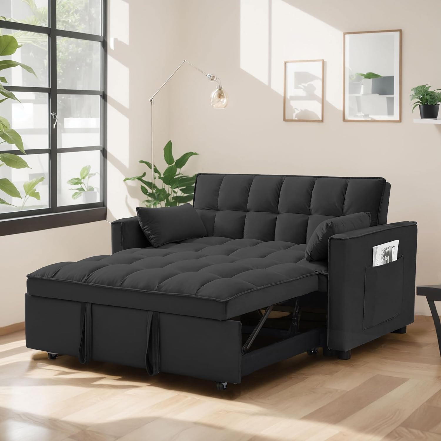 Loveseat 3 in 1 Convertible Sleeper, Modern Pullout Couch Bed, Velvet Chaise Lounge with 2 Pockets and 2 Pillows