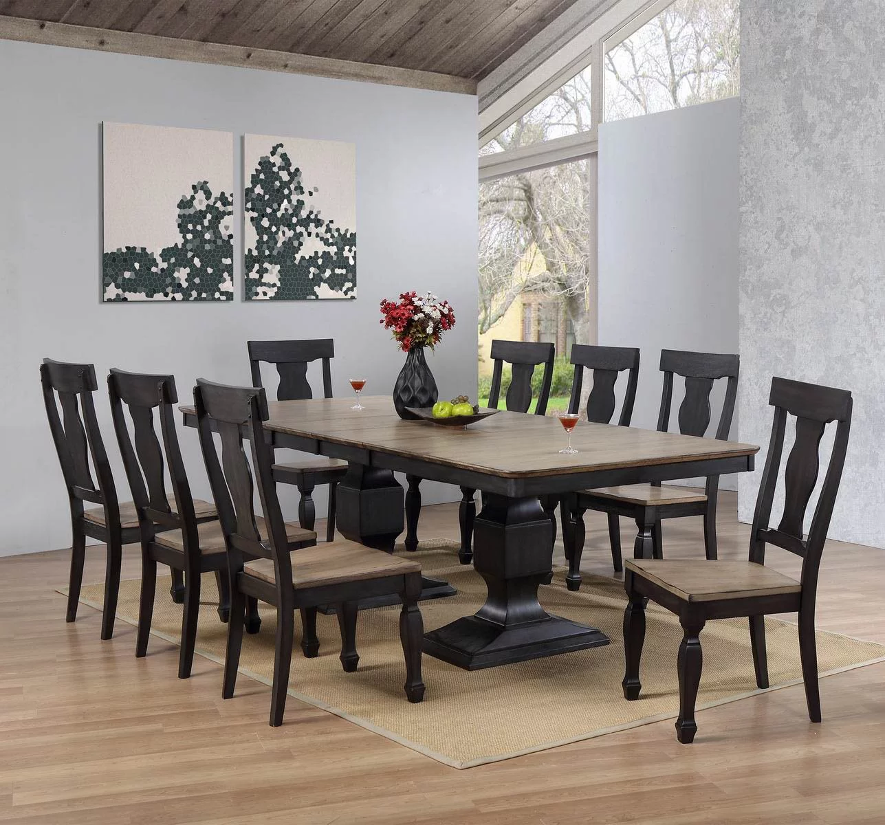 Kings Brand Alleyton 9 Piece Charcoal & Oak Wood Dining Room Set, Extendable Table & 8 Chairs