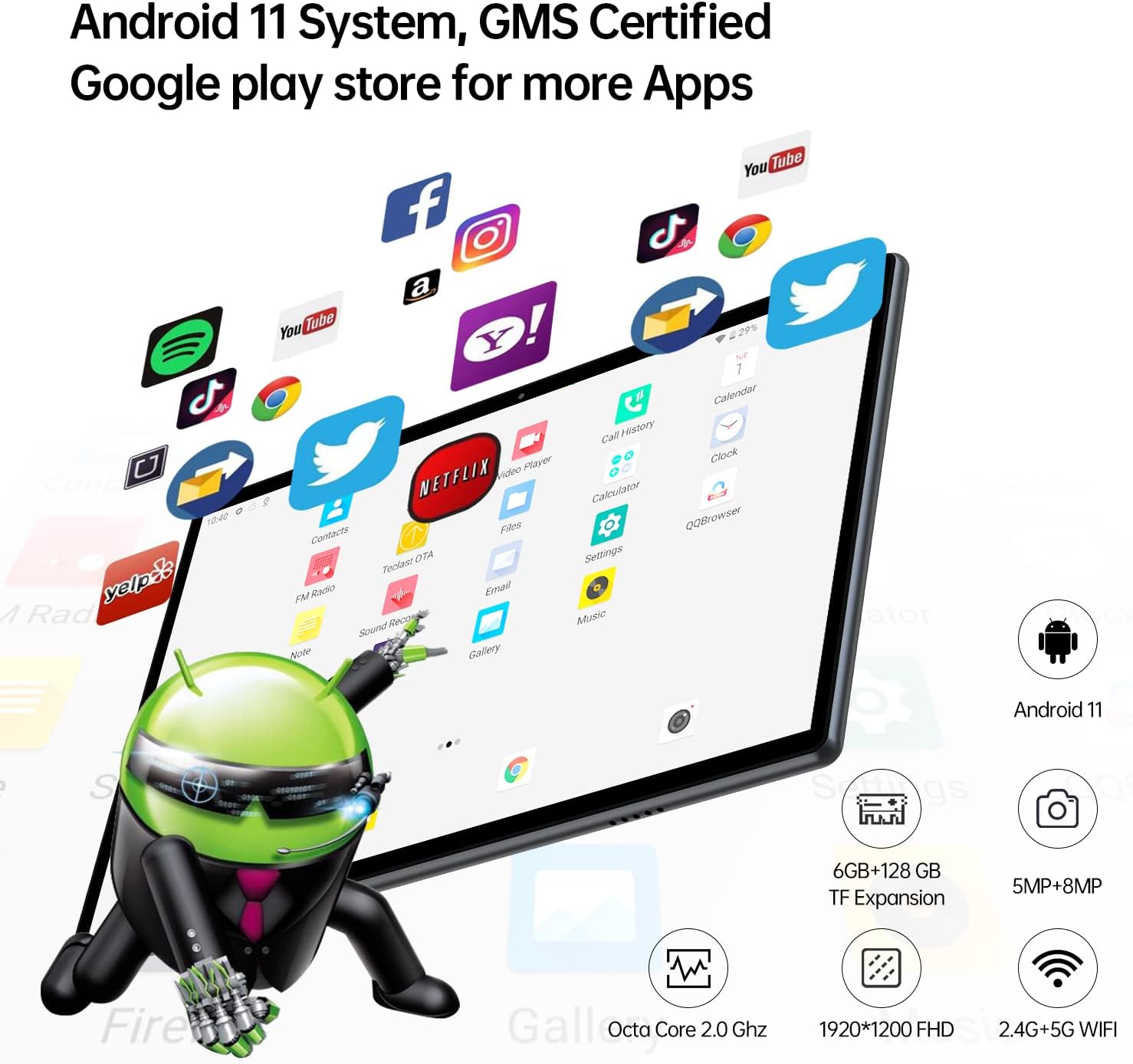 TECLAST M40PRO Android 11 Tablet 10 inch, 6GB RAM 128GB ROM Tablets, 2.0GHz Octa Core Gaming Tablet, 7000mAh, 1920x1200 FHD 5+8MP Dual Camera