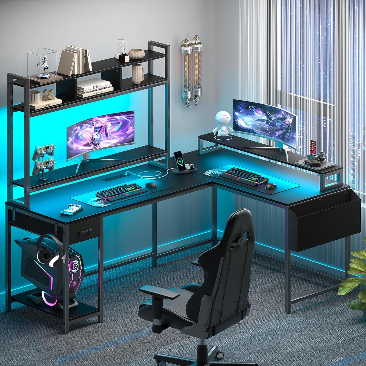 L Shaped Gaming Computer Desk with Monitor Shelf, Reversible Gaming Desk with Power Outlets & LED Lights,Extra Large Long Office Desk