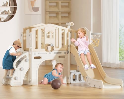 XJD 8 in 1 Toddler Slide, Kids Slide for Toddlers Age 1-3, Toddler Play Climber Slide Playset with Basketball Hoop and Ball