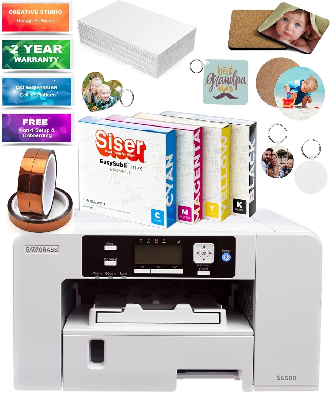 Sawgrass SG500 Sublimation Printer - Bundle with EASYSUBLI Inks, 220 Sheets Sublimax Paper, 3 Tapes, 10 Pieces Sublimation Blanks