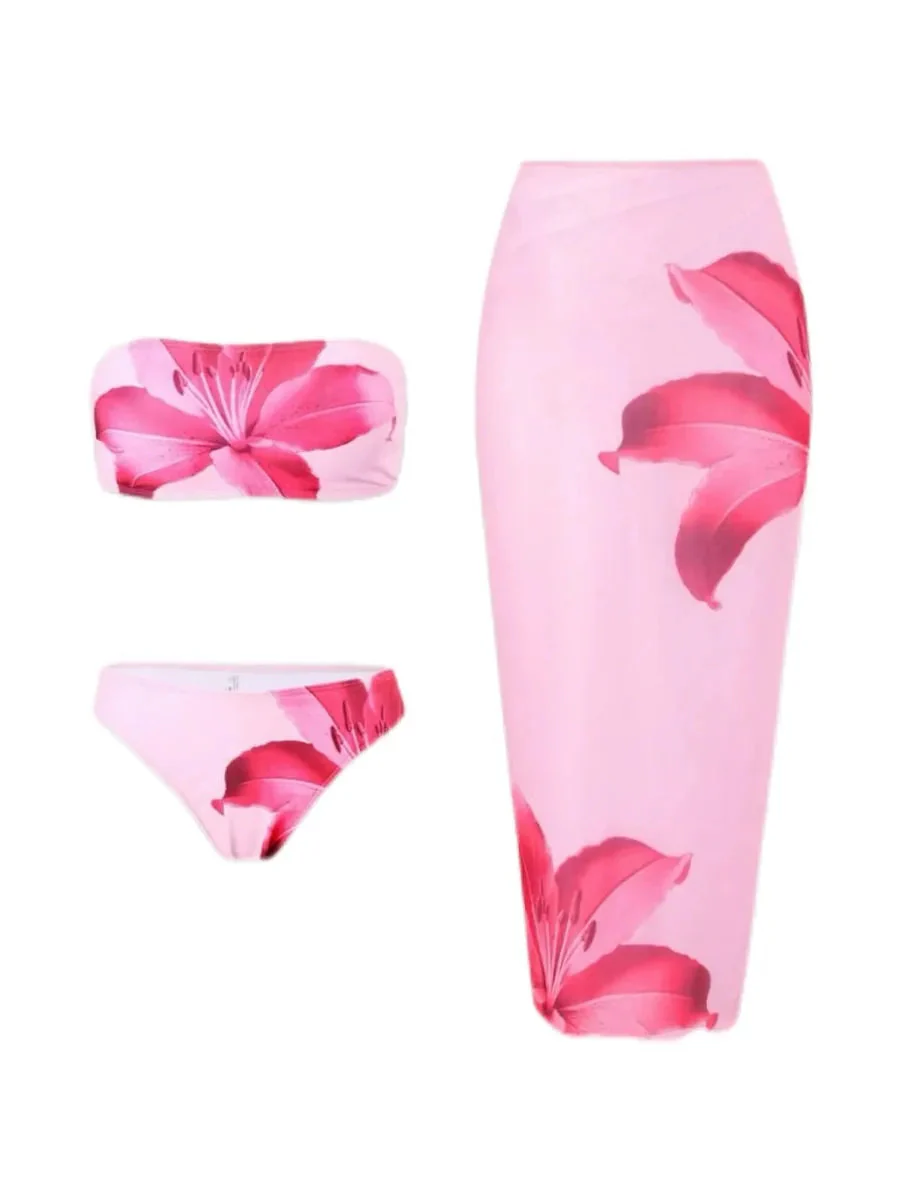 'Petal Potion‘ Y2k Pink Summer Beach Core Flower Bikini Set With Midi Skirt
