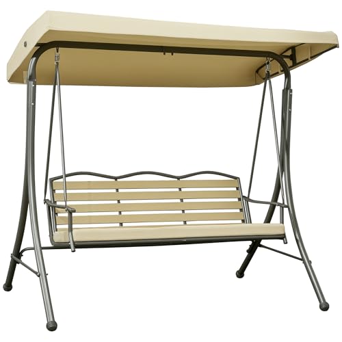 Outsunny 3-Seat Patio Swing Chair with Seat Cushion, Porch Swing Glider with Adjustable Canopy, Weather Resistant Steel Frame, for Porch, Garden