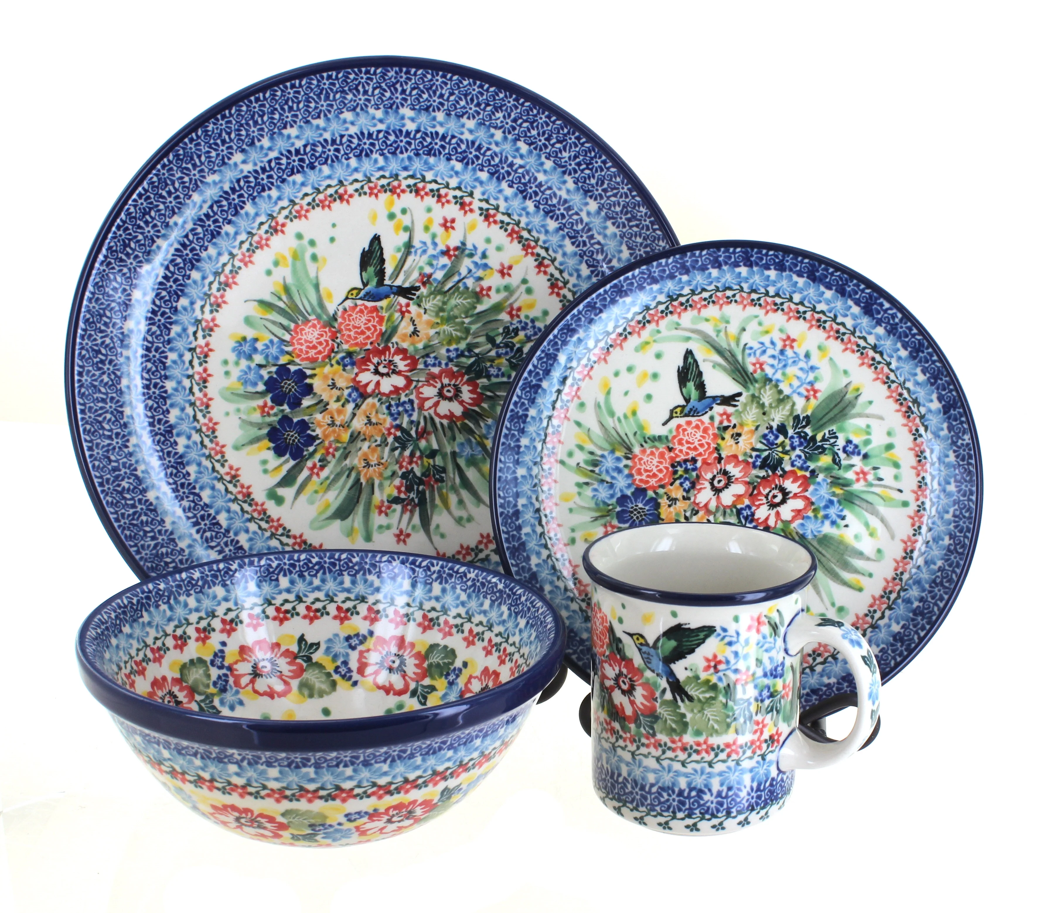 Blue Rose Polish Pottery Hummingbird 16 Piece Dinner Set with Small Coffee Mug