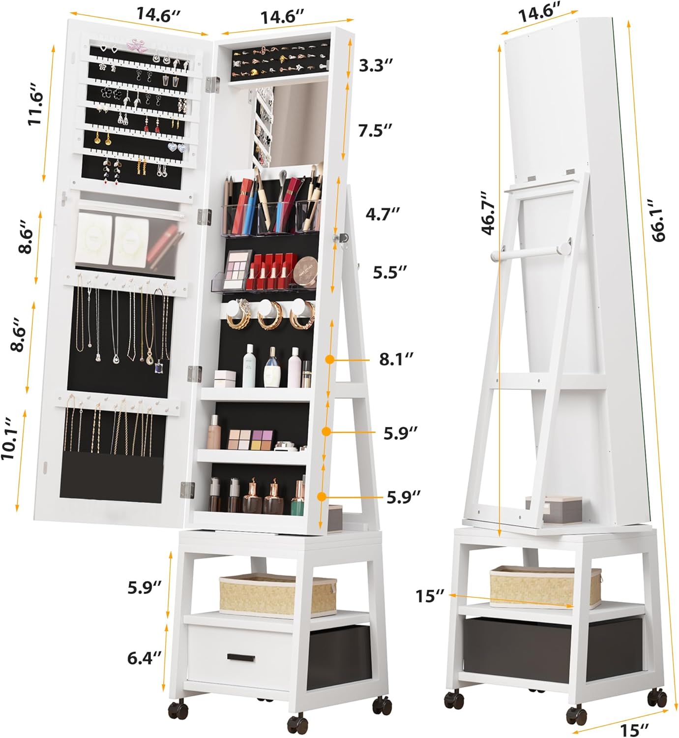 360° Swivel Jewelry Armoire, Floor Standing Locking with Full Length Mirror,Bottom Drawer, Shelf, Wheels