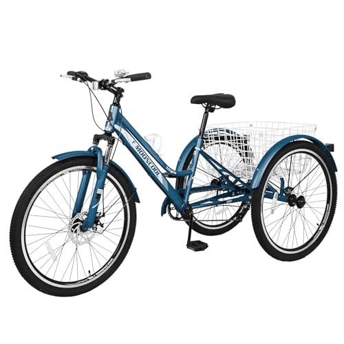 Adult Mountain Bike, 7 Speed Three Wheel Bike Mountain Tricycle Cruiser Trike, 24/26/27.5 Inch Adults Trikes with Shopping Basket