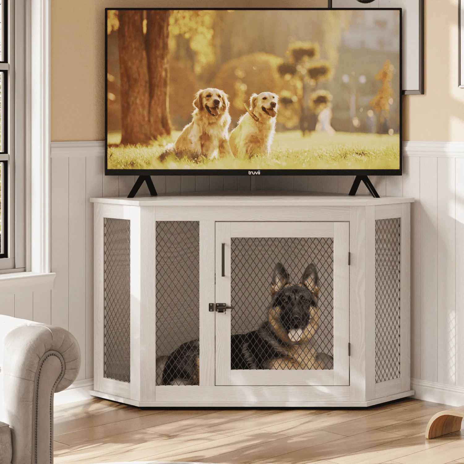 Bossin 44"Corner Dog Crate Furniture，Wooden Dog Kennel Indoor Furniture，Decorative Dog Crate