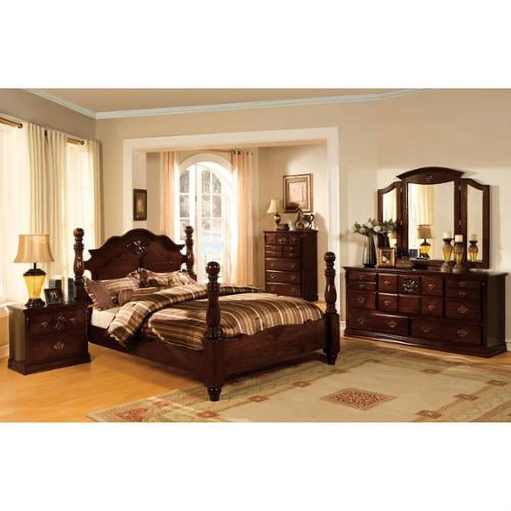 Furniture of America Weston Traditional 4-piece Glossy Dark Pine Poster Bedroom Set Cal. King