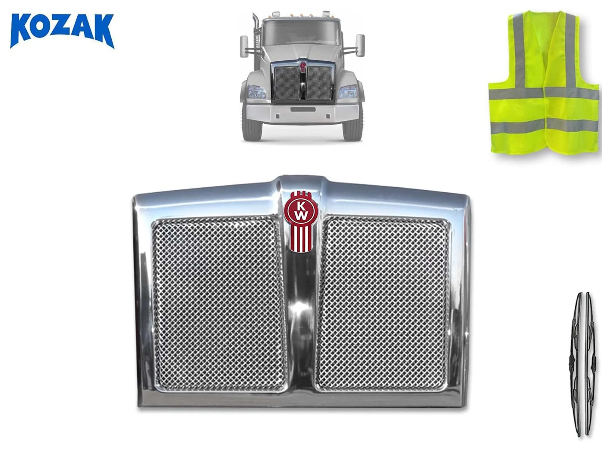 KOZAK Chrome Grille Frame with Bug Screen (Plastic chrome surround) for Kenworth T880 PLUS Logo Grill Emblem, 2x22" Windshield Wipers and Vest