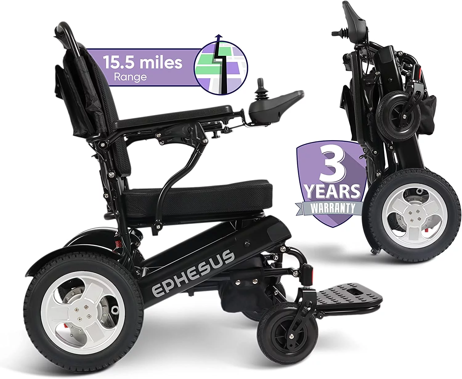 Ephesus E9 Motorized Wheelchair: Foldable & Portable! (Jet Black) - Curated Treasures Market