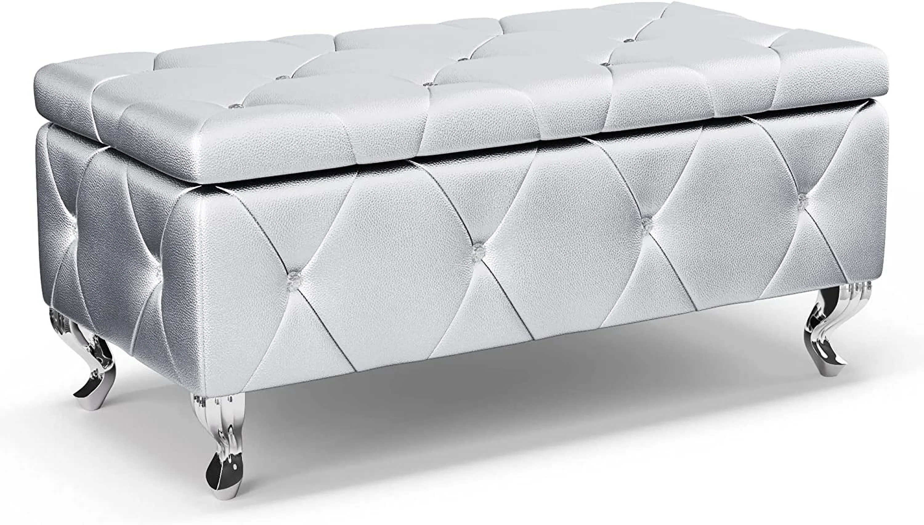 Storage Ottoman Bench, 38'' Upholstered Silver Faux Leather Ottoman with Crystal Tufted Button, Flip Top Foot Rest, End of Bed Bench Seat for Bedroom