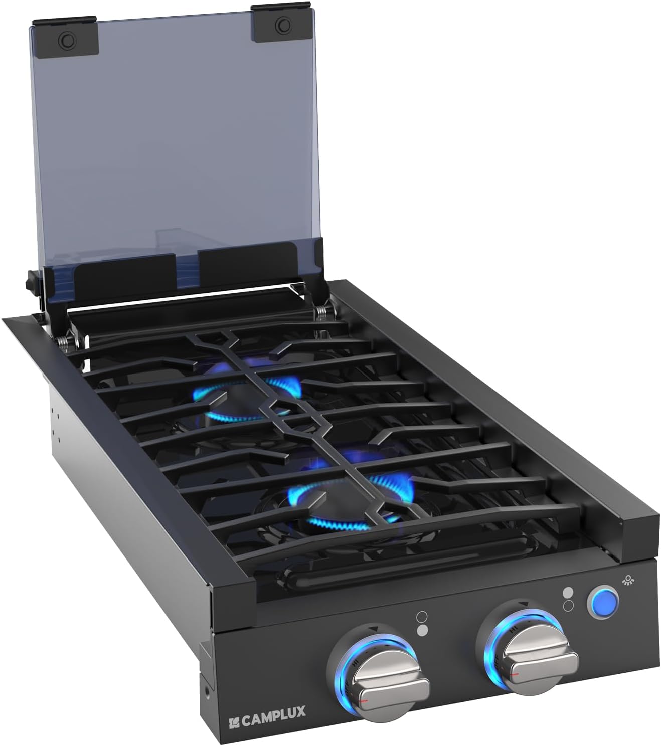 CAMPLUX RV Cooktop 2 Burners Slide-in, Propane Cooktop Stove with Tempered Glass Cover, 12 inches Gas Rangetop with Blue Indicator Light, 13,000BTU