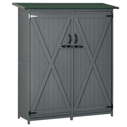 Outsunny Outdoor Storage Cabinet with Waterproof Asphalt Rood, Lockable Doors, 3 Tier Shelves, Wooden Garden Shed Utility Tool Organizer for Lawn