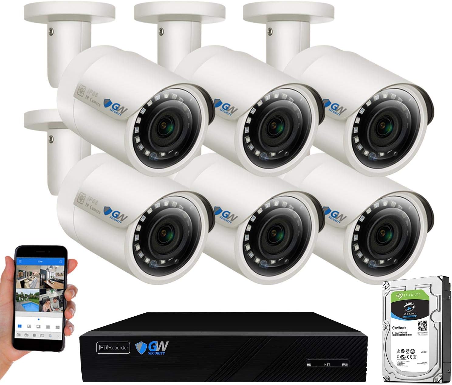 GW Security 8 Channel 4K NVR 5MP POE Audio & Video Security Camera System - Six 5MP 1920P Weatherproof Bullet Cameras,Built in Microphone