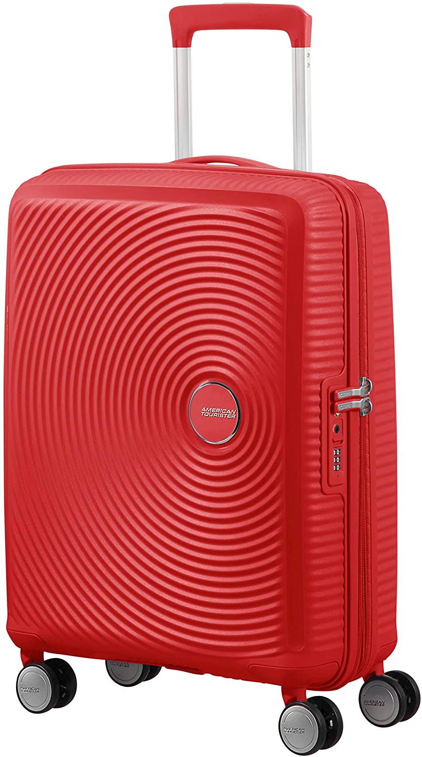 American Tourister Coral Red Soundbox Expandable Four-Wheel Cabin Suitcase 55cm