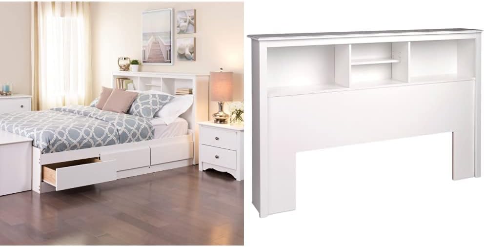 Prepac Full Mate's Platform Storage Bed with 6 Drawers and Stylish Full/Queen Headboard with 3 Compartments, White