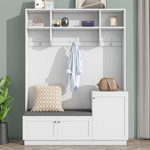 Style Hall Tree, Modern Hallway Shoe Cabinet with Flip-Up Bench and Hanging Hooks,Coat Hanger for Entryways Mudroom, Large, 01 Black