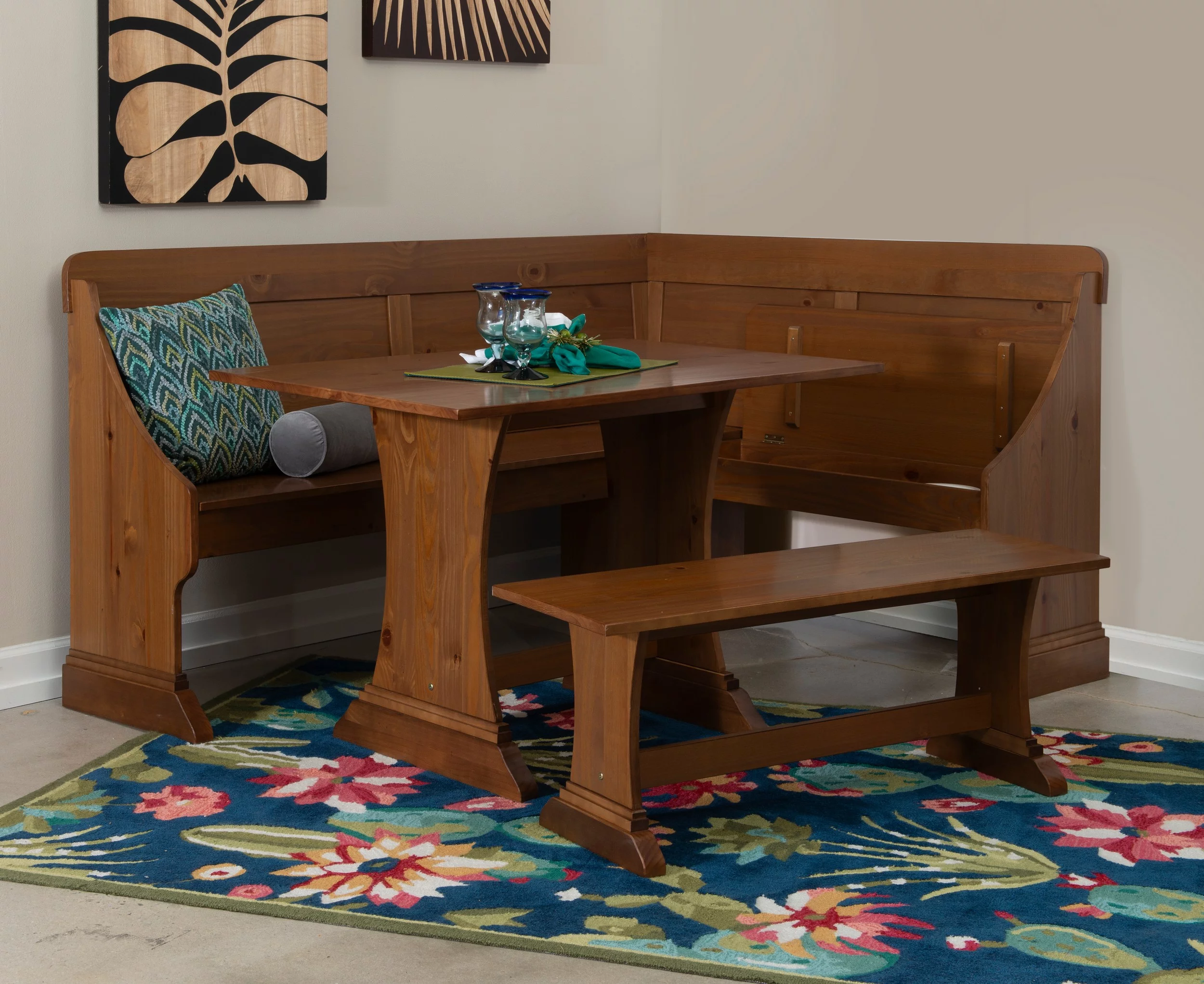 Linon Midwest Wood Corner Dining Breakfast Nook with Table and Storage, Seats 5-6, Natural Pine