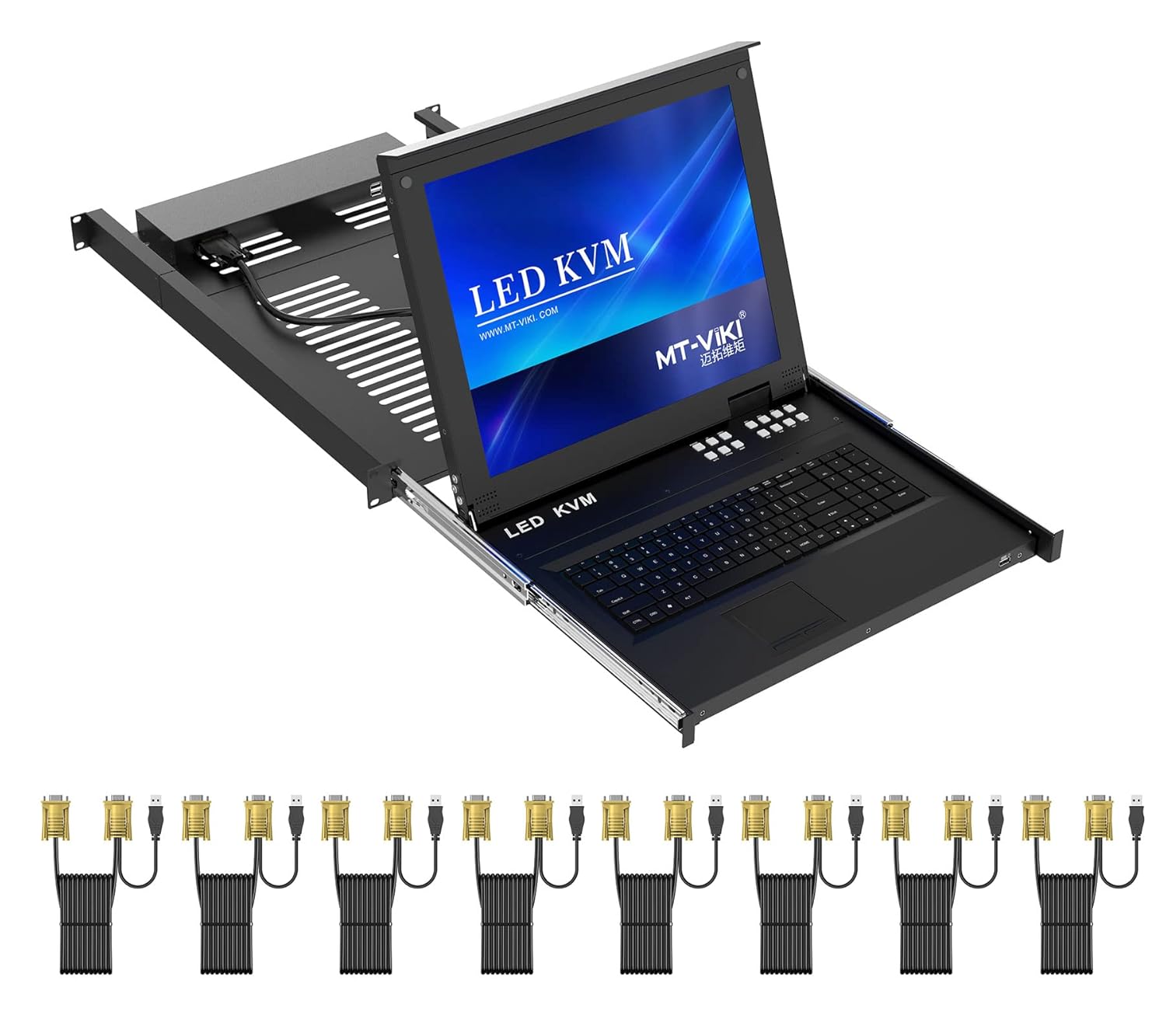 Rack Mount KVM，MT-VIKI 8 Port LCD KVM Console with Cables, VGA KVM Console Monitor 1280x1024 Support OSD/Hotkey/Panel Button Switching