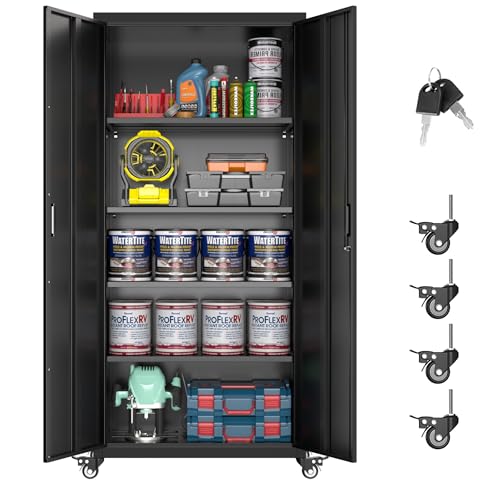 73" H Metal Garage Storage Cabinet with Wheels, Metal Storage Cabinet with 4 Adjustable Shelves for Garage Home Office Utility Room,Required Assembly