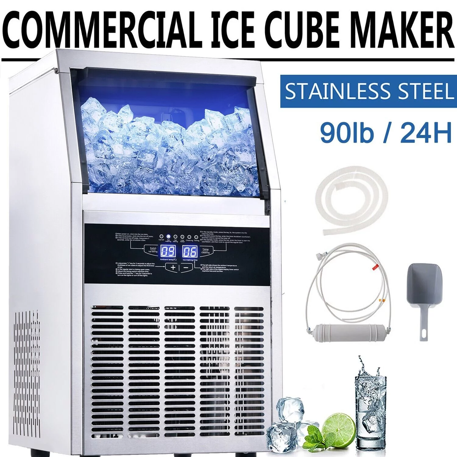 Commercial Ice Maker 90lb Stainless Steel Bar Restaurant Built-in Cube Machine